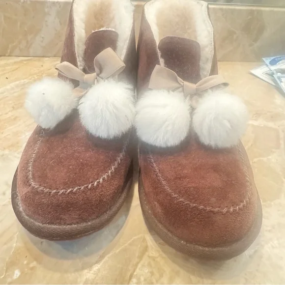 UGG Brown Ankle Boots with White Pom Poms - Picture 7 of 7